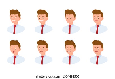 Emotional face 3/4 view cartoon character young office man design set. Happy, smiling, upset, surprised, sad, angry, shouting person flat concept on white background