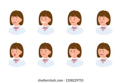 Emotional face 3/4 view cartoon character young office woman design set. Happy, smiling, upset, surprised, sad, angry, shouting person flat concept