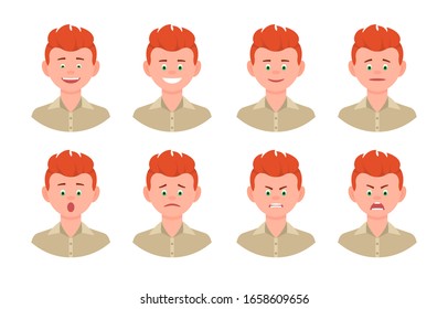 Emotional face cartoon character young office man front view design vector illustration set. Happy, smiling, upset, surprised, sad, angry, shouting red hair person flat style