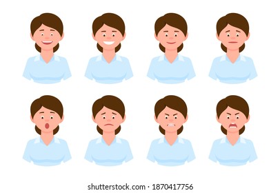 Emotional face cartoon character young office woman front view design vector illustration set. Happy, smiling, upset, surprised, sad, angry, shouting hair lady person flat style concept kit