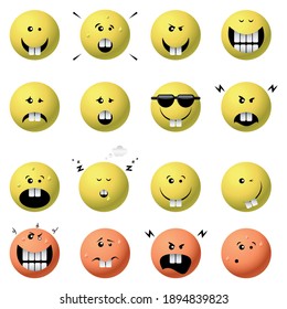 Emotional faces icon set. 16 emotional faces in this set. All emotional faces are grouped separately.