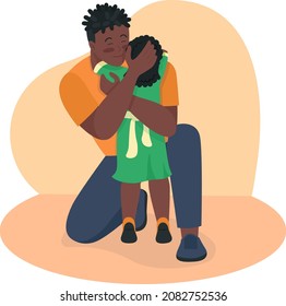 Emotional father and daughter reunion 2D vector isolated illustration. Dad cuddling child to calm flat characters on cartoon background. Expressing affection and care to kid colourful scene