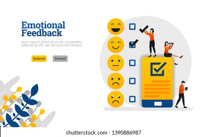 Emotional feedback with emoticons and checklists on smartphones vector illustration concept can be use for, landing page, template, ui ux, web, mobile app, poster, banner, website, flyer, ads