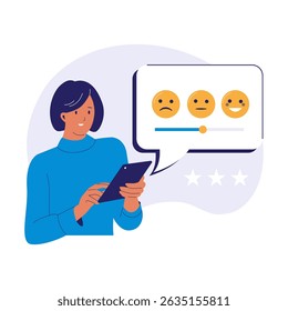 Emotional Feedback Illustration with User Rating Emoji Scale on Tablet. Illustrations for websites, landing pages, mobile apps, posters and banners