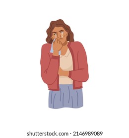 Emotional female personage expressing negative emotions by crying. Vector flat cartoon character, weeping young lady, stressed or depressed person with tears in eyes. Grief or sadness