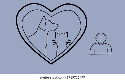 Emotional flat vector illustration of a broken heart with pets, symbolizing animal adoption, rescue, and compassion.