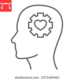 Emotional flexibility line icon, person and mindfulness, human head with cogwheel vector icon, vector graphics, editable stroke outline sign, eps 10.