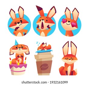 Emotional foxes avatars. Cute cartoon fox sleep on coffee mug, thinking and sadness on birthday cake vector set