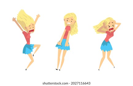Emotional Frightened Girl Set, Scared and Panicked Young Woman, Panic Attack, Anxiety Phobia, Crisis Cartoon Vector Illustration