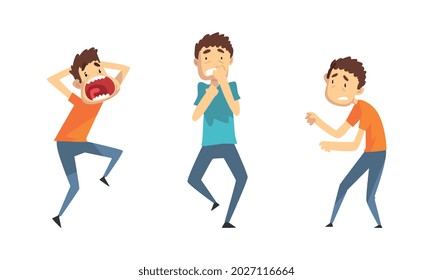 Emotional Frightened Men Set, Scared and Panicked Boy, Panic Attack, Anxiety Phobia, Crisis Concept Cartoon Vector Illustration