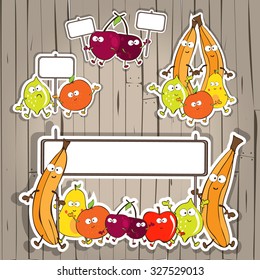 Emotional fruit sticker on a wooden background