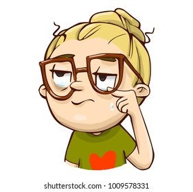 Emotional funny cartoon character. Vector sarcastic crying hand drawn girl.  