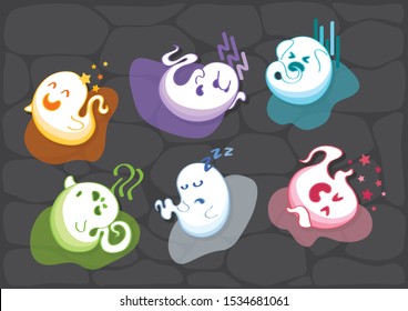 Emotional ghosts on a stone wall background. A set of ghosts expressing joy, deceit, fear, surprise, drowsiness and fun. Halloween decorations