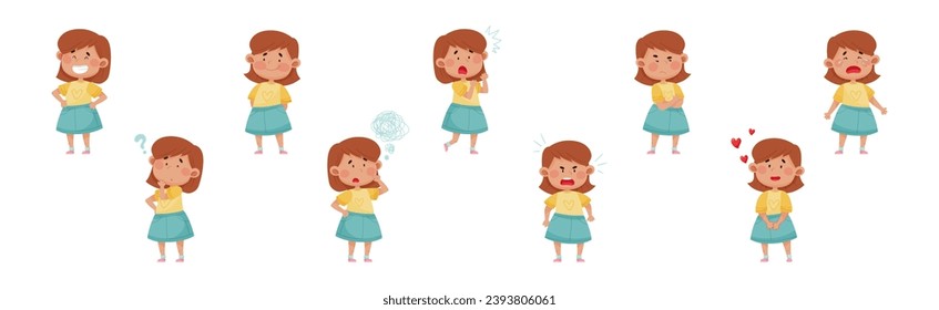 Emotional Girl Character Expressing Different Emotions Vector Set