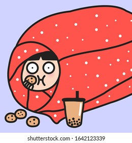 Emotional Girl Covered And Wrapped Herself Into Blanket Snacking Cookies And Bubble Milk Tea Concept Card Character illustration