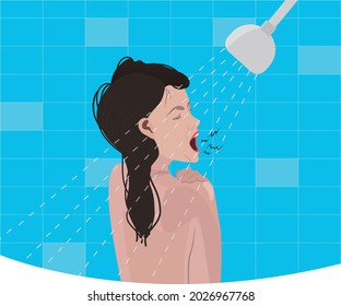Emotional girl takes a contrast shower and screams. Illustration for good habits in vector.