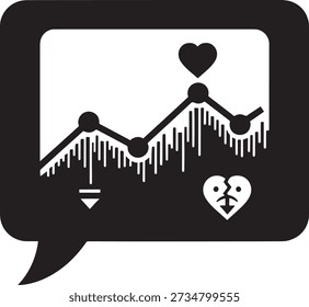 Emotionale Grafik und Stimmung Tracking Symbol Silhouette. Sprechblase mit Datendiagramm, Herzsymbolen und gebrochenem Herzen für psychische Gesundheitsanalysen oder Social-Media-Sentiment-Konzept. Vektorgrafik.