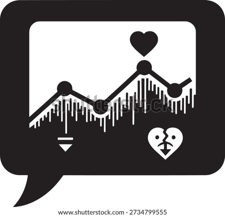 Emotional graph and mood tracking icon silhouette. Speech bubble with data chart, heart symbols, and broken heart for mental health analytics or social media sentiment concept. Vector illustration.