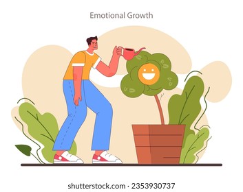 Emotional growth. Emotion balance and resilience skill and EQ development. Deep understanding of emotions and empathy growing. Self-regulation and awareness. Flat vector illustration