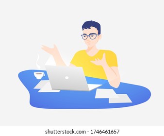 Emotional guy in a yellow T-shirt and glasses is stressed from remote work. Online homeschooling. Yellow blue bright design