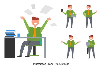 Too emotional happy businessman because of getting promotion or good words from boss, icons of him standing with phone vector illustration