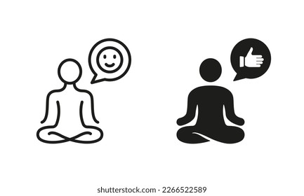 Emotional Harmony and Balance Silhouette and Line Icon Set. Wellbeing Calm Rest Pictogram. Emotion Smile, Training Relax in Yoga Lotus Pose Icon. Editable Stroke. Isolated Vector Illustration.