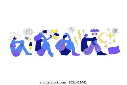 Emotional health problems. Mental disoder. Psychological issues. Young persons sitting on the floor with headache isolated on white background.  Characters with special needs. Vector illustration.