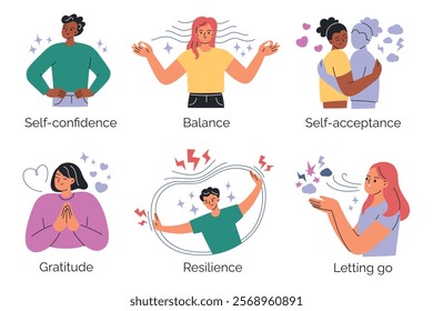 Emotional health and welbeing scenes set, vector illustrations of self confidence, balance, self acceptance, gratitude, resilience, and letting go. Flat cartoon characters, colorful abstract design