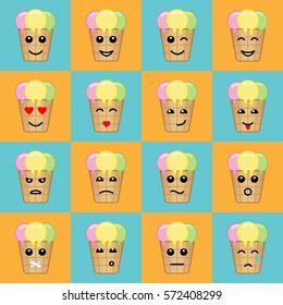 Emotional ice cream face icons on blue and orange chess board.