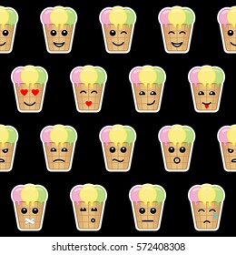 Emotional ice cream face seamless pattern isolated on black background. Sweets sticker wallpaper.