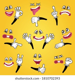 Icono emocional. Feliz, enojado, carita sonriente con ojo, ceja, boca sucia y gesto de mano mostrando como, no me gusta, clave, señalando, saludando aislado sobre amarillo. Ilustración de iconos vectoriales emocionales