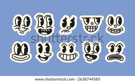 Emotional icon set – quirky mascot expressions- Colorful Y2K-style badge icons featuring cartoonish faces with wild emotions- rage, joy, shock, and sass. Ideal for mood boards, mobile UI, journals, or