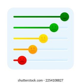 Emotional icons indicating quality, level, rating. Business feedback indicators concept. Grades of different levels, such as bad, normal, good, excellent. Vector illustration.