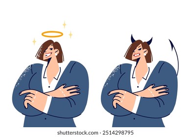 Emotional imbalance in business woman experiencing joy and anger towards surrounding world. Girl with angel halo or devil horns suffers from emotional swings caused by mental disorder