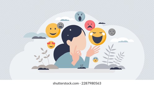 Emotional intelligence and ability to read emotions tiny person concept. Psychological feeling with mental understanding about emotional expression vector illustration. Self temper recognition skills.