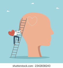 Inteligencia emocional y capacidad para entender sentimientos y emociones, salud mental, mantener un equilibrio entre mente y emociones, trabajo separado y vida personal, hombre con corazón se mueve de escalera en cabeza.