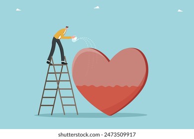 Emotional intelligence and ability to understand feelings and emotions, mental health, keep a balance between mind and emotions, separate work and personal life, a man fills heart with liquid.