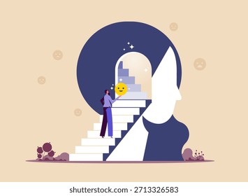 Capacidad de inteligencia emocional para comprender las emociones y controlar el concepto positivo de uno mismo, ilustración de una cabeza humana con escaleras y puerta en el interior, Encontrarse a sí mismo, auto mejora, salud mental, mente humana