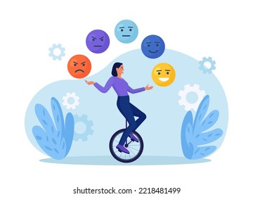 Emotional intelligence, balance of anxiety and happiness. Woman juggles emoticons, expression emotional faces. Emotions, mood control. Mindfulness and psychology. Consciousness, self development