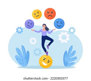 Emotional intelligence, balance of anxiety and happiness. Woman juggles emoticons, expression emotional faces. Emotions, mood control. Mindfulness and psychology. Consciousness, self development