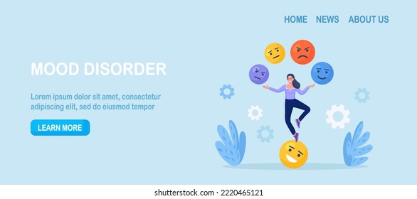 Emotional intelligence, balance of anxiety and happiness. Woman juggles emoticons, expression emotional faces. Emotions, mood control. Mindfulness and psychology. Consciousness, self development