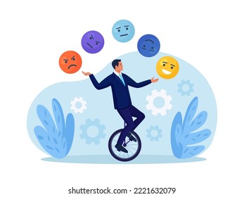 Inteligencia emocional, equilibrio de ansiedad y felicidad. El hombre empata emoticonos, expresa caras emocionales. Emociones, control del estado de ánimo. Conciencia y psicología. Conciencia, autodesarrollo