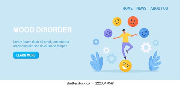 Emotional intelligence, balance of anxiety and happiness. Man juggles emoticons, expression emotional faces. Emotions, mood control. Mindfulness and psychology. Consciousness, self development