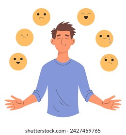 Inteligencia emocional, equilibrio de ansiedad y felicidad. Emociones, control del humor. Hombre con diferentes emojis. Ilustración plana vectorial para sitio web o aplicación