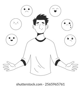 Emotional intelligence, balance of anxiety and happiness. Emotions, mood control. Man with different emojis. Vector flat illustration for website or app in outline style