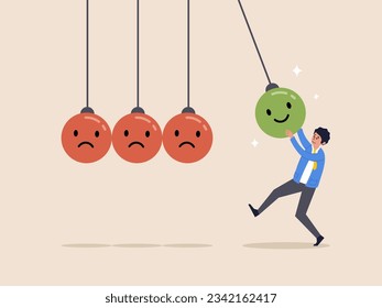 Emotional intelligence or balance between happiness and sadness. Optimistic, happiness or positive thinking inspire other people happy, man holding smile face pendulum ball to hit other sad faces.