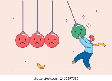 Emotional intelligence or balance between happiness and sadness. Optimistic, happiness or positive thinking inspire other people happy, man holding smile face pendulum ball to hit other sad faces.