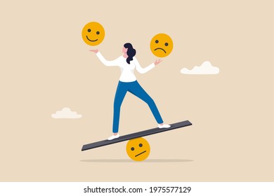 Emotional intelligence, balance emotion control feeling between work stressed or sadness and happy lifestyle concept, mindful calm woman using her hand to balance smile and sad face.
