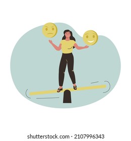 Emotional intelligence, balance emotion control feeling between work stressed or sadness and happy lifestyle concept, mindful calm woman using her hand to balance smile and sad face.