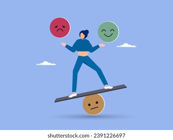 Emotional intelligence, balance emotion control feeling between work stressed or sadness and happy lifestyle concept, mindful calm woman using her hand to balance smile and sad face.